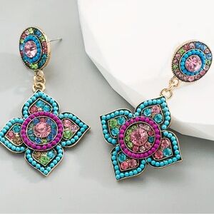 NEW| Boho Chic Colorful Floral Mosaic Dangle Earrings